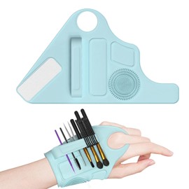 HMGES Silicone Makeup Assistant Hand Strap, Multifunctional Makeup Tool, With Brush Fixed Storage Hole, 2 Foundation/Concealer color matching areas, Brush Cleaner, For Professional Makeup Artists-Blue