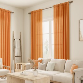 Guken Orange Linen Curtains 84 Inch Length for Living Room Bedroom 2 Panels Set Rod Pocket Light Filtering Semi Sheer Window Curtains 52 Inch Width Boho Farmhouse Linen Drapes, W52xL84