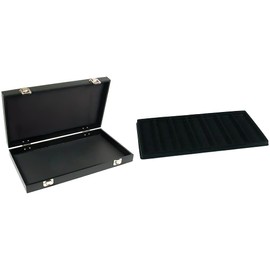 Black Jewelry Case (2xMetal Clasps & Removable Lid) w/ 1 Tray Insert (Black 7-Slot Plastic Tray)