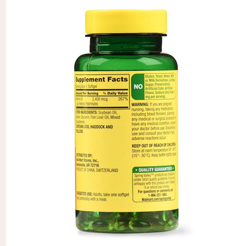 Spring Valley Vitamin A Softgels, 2400mcg, 250 Count