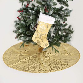 LOZACHE Christmas Tree Skirt, 48 inches Large Red Flannel Tree Mat with Gilded Christmas Patterns Skirt for Xmas Tree Holiday Party Decorations Indoor Outdoor with 1 Christmas Stocking (Yellow)