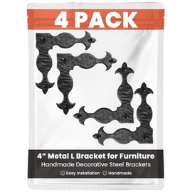 4 Pack 4" Metal L Bracket for Furniture - Black - Handmade Decorative Steel Brackets - Rustic Metal Corner Brackets for Front Doors, Gates, Garages, Tables & Cabinets - The Sonora Series