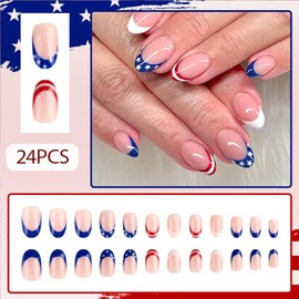 4th of July Nails - Fourth of July Nails Short Press On Nails Almond Fake Nails with Blue Stars French Tip Nails Design, Acrylic Artificial False Nails Press Ons Stick On Nails for Women