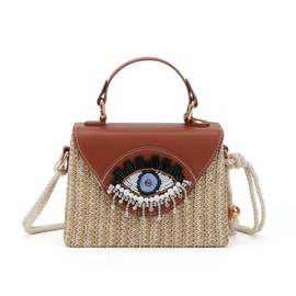 Handmade Bohemian Style Straw Handbag with Evil Eye Embellishment, Novelty Funny Crystal Decor Box Crossbody Bag Tote Clutch (Brown)