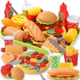 XOYTN 25Pcs Pretend Play Food Sets，Plastic Removable Fast Food Playset for Children Kitchen Fake Food Role Play Toys
