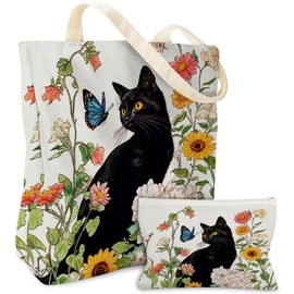 Wazzio Cat Gifts for Women, Birthday Gifts for Cat Lovers Women Wife Sister with 2 Pcs Reusable Grocery Canvas Bag with Makeup Bag, Cats Theme Gift for Shopping Gym Travel Vacation Work