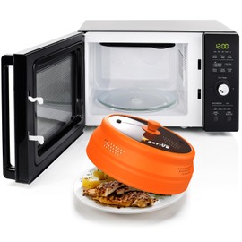 Ezy Active Collapsible Microwave Cover for Food - Silicone and Glass Splatter Guard Lid for 6-12 inch Plates & Bowls, Dishwasher Safe, Heat Resistant, BPA-Free, Orange