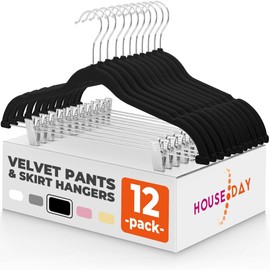 HOUSE DAY Velvet Skirt Hangers 12 Pack, Black Velvet Pant Hangers with Adjustable Clips, Space Saving Slim Shorts Hanger, Heavy Duty Non Slip Clip Hanger for Pants, Skirts, Shorts
