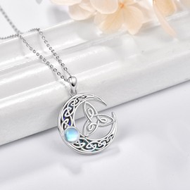 KINGWHYTE Celtic Knot Necklace 925 Sterling Silver Crescent Moon Goddess Necklace Irish Celtic Moonstone Pendant Birthday Jewelry Gift for Women