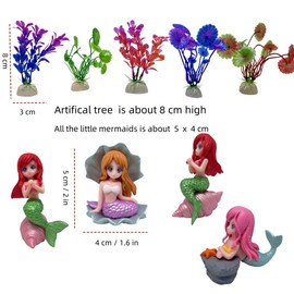 9 Pcs Cute Fish Tank Mermaid Decor With Simulated Water Plants. Colorful Mermaid Decor for DIY Micro Landscape, Desk Mermaid Theme Figurine, Flower Pot ,Cupcake Toppers ,Garden Pond Dollhouse Decor