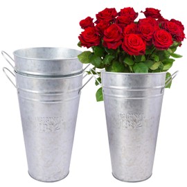 Biugaaufai 3 Packs 12 Inch Tall Galvanized Metal Flower Vases with Handles, Metal Flower Buckets for Cut Flowers, Country Wedding, Table Centerpiece Decorations(Sliver)