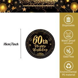 POPOYU 16pcs Black and Gold Paper Plates 60th, Happy Birthday Disposable Tableware Paper Plates 7 Inch,Happy 60th Birthday Decorations Plates for Men,Women,Him,Her 60th Birthday Gifts Party Supplies