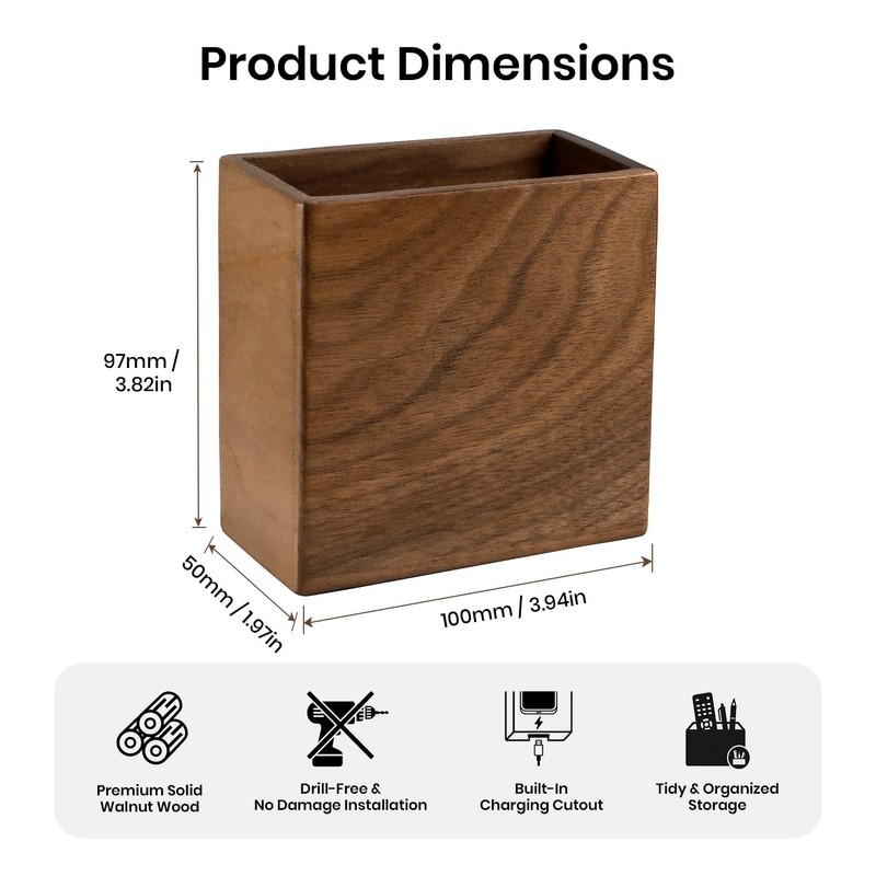 Wislist Remote Holder Hole-Free, Self-Adhesive Storage Wooden Box Small