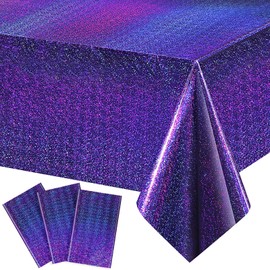 Iridescence Plastic Tablecloths Laser Table Covers Holographic Foil for Girl Party Wedding Disco Dance Birthday Holiday Mermaid Party Decorations 54 x 108 Inch (Purple, 3 Pack)