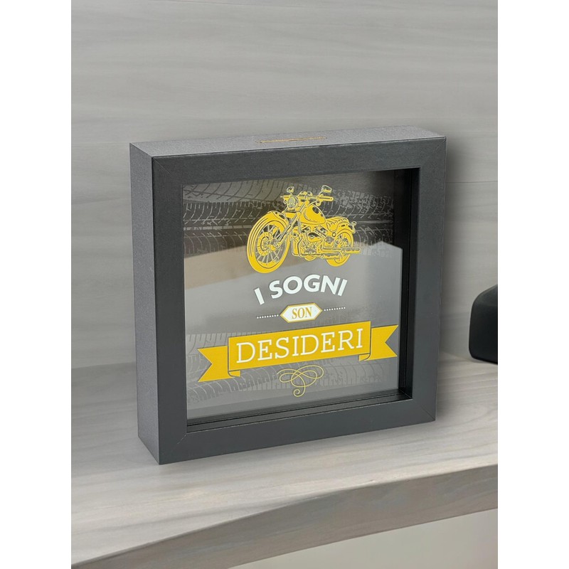 Salvadanaio Decorativo 'I Sogni Son Desideri', Cornice Nera 16x16 cm,