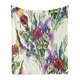 Ambesonne Vintage Throw Blanket, Pattern of Watercolor Effect Colorful Spring Floral Bouquet, Flannel Fleece Accent Piece Soft Couch Cover for Adults, 70" x 90", Cream Multicolor