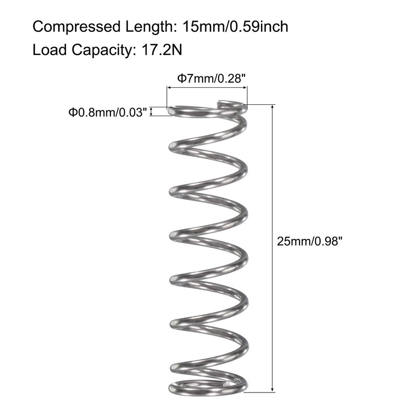 sourcing map Compression Spring,304 Stainless Steel,7mm OD,0.8mm Wire Size,15mm Compressed