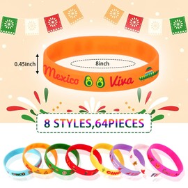 JUNEBRUSHS 64pcs Mexican Fiesta Wristband Silicone Bracelets Cactus Guitar Hat Rubber Bracelets for Mexican Fiesta Birthday Decoration Party Favor Gift Supplies（8 Designs）