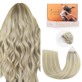 DOORES Micro Bead Hair Extensions, Real Hair, Ash Blonde Highlighted Platinum Blonde, 50 cm, 50 g/50s, Long, Straight, Invisible Pearl Extensions, Real Hair