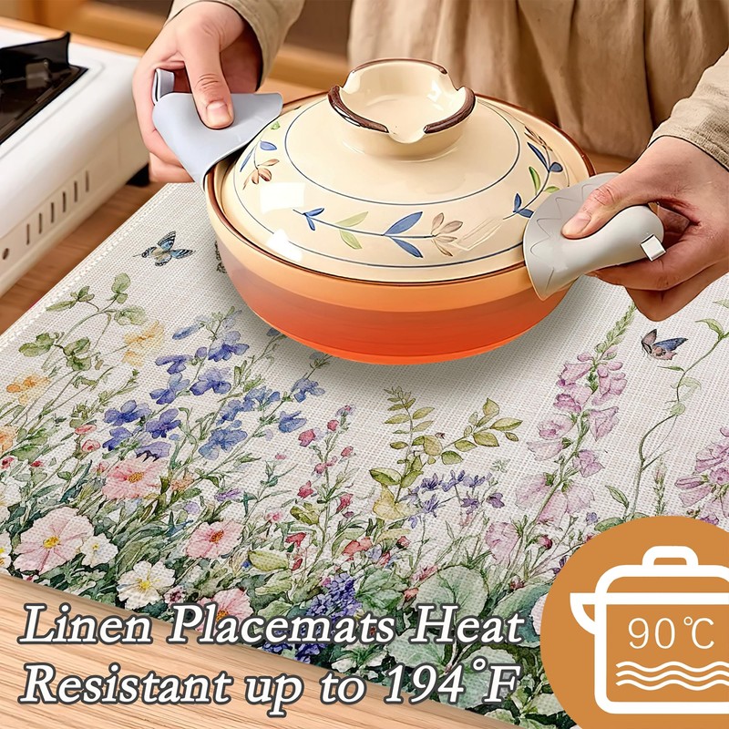 Wildflowers Placemats Set of 6,Flower Herbs Butterfly Spring Washable Linen