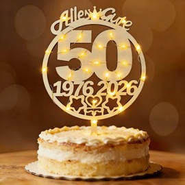Decorazione per torta per 50° compleanno, donna, uomo, Seutgjie, 50° compleanno, anniversario, matrimonio, matrimonio, in legno, con catena luminosa a LED dal 1976 al 2026