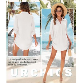 Urchics Swimsuit Coverup for Women 2025 Drawstring V Neck Bikini Swimwear Beach Cover Up Beach Shirt Dress White M