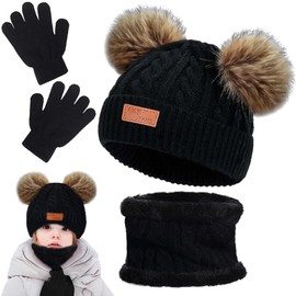Hyran Children's Set with Hat, Baby Hat Scarf Set, Children's Winter Hat, Winter 3-Piece Set Scarf Gloves Hat Set, Bonnet Enfant Hiver with Pompom, Soft Pom-Pom Hat, black
