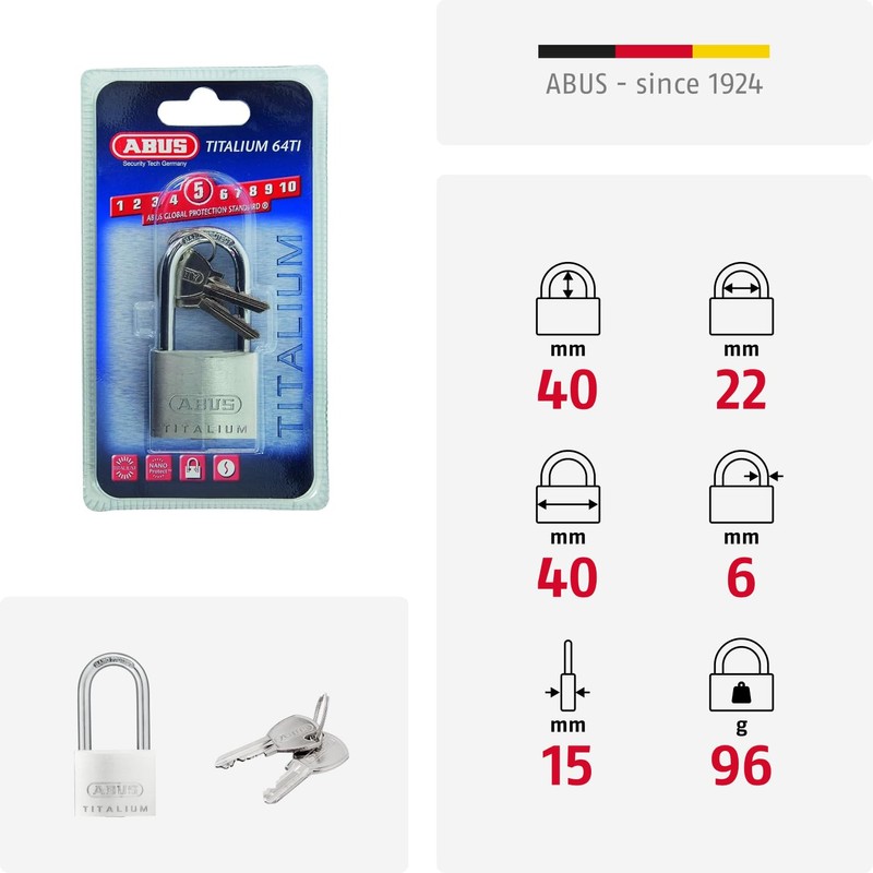 ABUS 64Ti/40HB40 40 x 40mm Titalium Padlock with Long Shackle