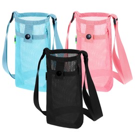 Classicseali Pack of 3 Water Bottle Holder Mesh, Bottle Holder, Mesh Water Bottle Holder with Adjustable for Outdoor Activities, Travel, Fishing, Hunting, Hiking, Sports (Black, Pink, Blue)