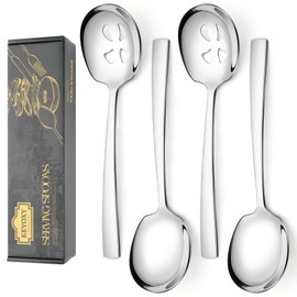 Large Serving Spoons, 4 Pieces Large Stainless Steel Serving Spoons Set Includes 2 Large Serving Spoons,2 Large Slotted Spoons. Serving Spoons for Parties, Dishwasher Safe, 9.2-Inch
