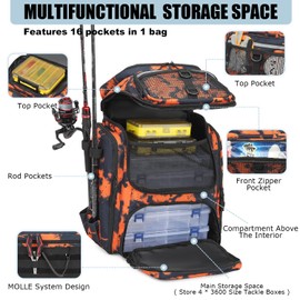 HAMBOLY Fishing Backpack with Rod Holders, 40L Tackle Box Backpack for Fishing Gear, Waterproof Fishing Bag for Men (Black and Orange Graffiti)