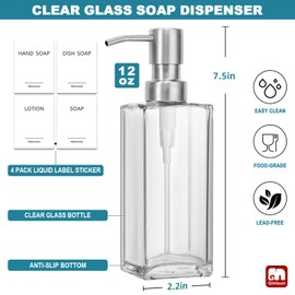 GMISUN Glass Soap Dispenser with Stainless Steel Pump, Clear Hand Soap Dispenser for Bathroom, 12oz Hand and Dish Soap Dispenser Set for Kitchen, Refillable Liquid Soap and Lotion Dispensers Bottle
