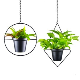 Metal Hanging Planters, Modern Plant Hanger with 5 inch Flower Pot, Set of 2 Black Plant Holder in Diamond and Round Shape, Small Wall and Ceiling Planter for Indoor Plants, Home Décor