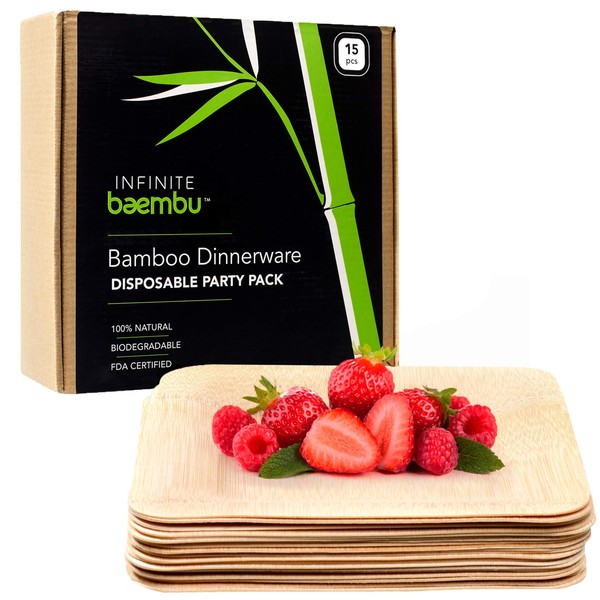 Bamboo Disposable Plates Dinnerware Set - 15PK Square 9" Bamboo