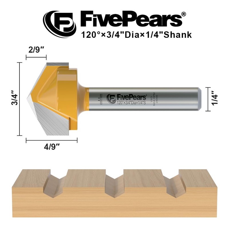 FivePears V Groove Router Bit 120 Degree 1/4 inch Shank,