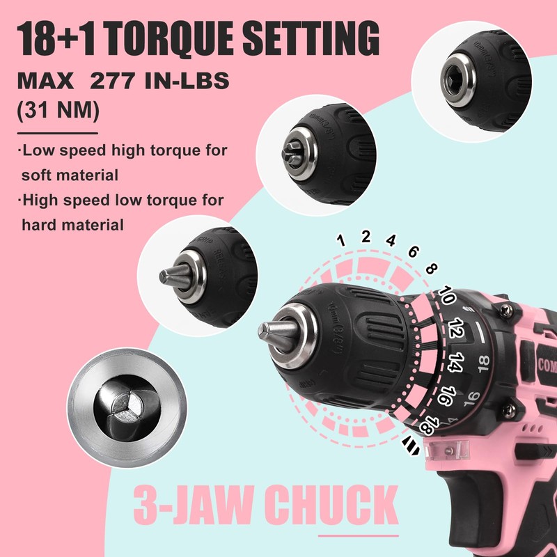 COMOWARE Pink Cordless Drill Set for Women, 12V Lightweight Electric