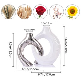 LCCCK White and Silver Ceramic Vases for Home Decor, Boho Vase for Flowers Pampas Grass Decorative, White Silver Hollow Donut Small Vase for Living Room Table Wedding Centerpiece Modern Vases