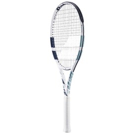 Babolat Evo Drive Lite 2nd Gen Tennis Racquet, White - Strung with 16g Black Syn Gut at Mid-Range Tension (4" Grip)
