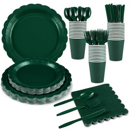 Xiangqu Dark Green Plates and Napkins, 25 Guest Green Party Supplies Include Scalloped Plates Napkins Cups Plastic Spoons Forks Knives for Birthday, Wedding, Christmas