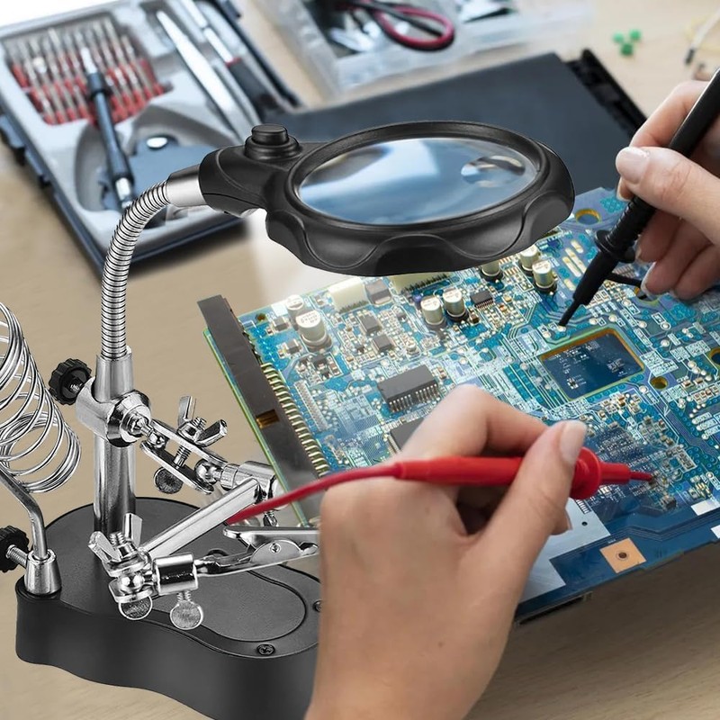 Lupa Con Luz Led Pinzas Base Para Cautín Reparar Electrónicos