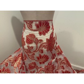 wowfabric4less123 RED GOLD WHITE Metallic Brocade ORGANZA Fabric 58” Width Sold By The Yard