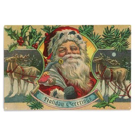 Lantern Press 10x15 Inch Wood Sign, Ready to Hang Wall Decor, Holiday Greetings, Santa and Reindeer, Vintage Postcard