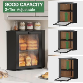 Black Corner Bread Box for Kitchen Countertop-Bamboo Wood 2-Tier