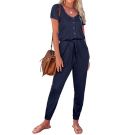 REORIA Women's Summer Casual Jumpsuit Plain Scoop Neck Button Down Bud Sleeve Rompers With Pockets Navy Blue L
