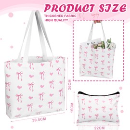 Reginary 2 Pcs Coquette Pink Bow Canvas Tote Bags with a Makeup Bag Pink Bow Birthday Gift Inspirational Aesthetic Reusable Grocery Bags Christmas Birthday Gift for Woman Female