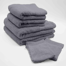 Douceur dIntérieur, Juego de 2 Guantes (15 x 21 cm), 2 Toallas de Mano (50 x 90 cm) y 2 Toallas de Ducha (70 x 130 cm) de Rizo, Color Gris Antracita  
