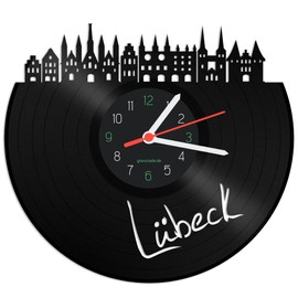 GRAVURZEILE Vinyl Record Clock - Skyline Lübeck - Wall Clock Made of Cast Vinyl with City Skyline 30 cm - Upcycling Designer Clock - Modern Wall Clock in Retro Vintage Style - Made in Germany