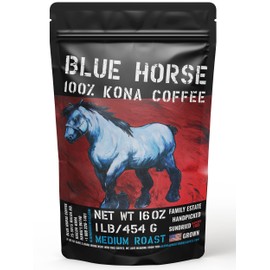 Blue Horse 100% Kona Coffee, Medium Roast, Arabica Whole Beans, 1 lb (16 oz) Bag, Farm Fresh, Authentic Hawaiian Coffee beans from Hawaii’s Big Island
