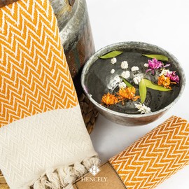 Hencely Turkish Hand Towel Set of 2 - 16 x 40 Inches Herringbone Kitchen Dish Towel - Multipurpose Hand Towels for Bathroom, Hair, Dishcloth, Yoga, Face, Gym, and Head - Soft and Absorbent (Orange)