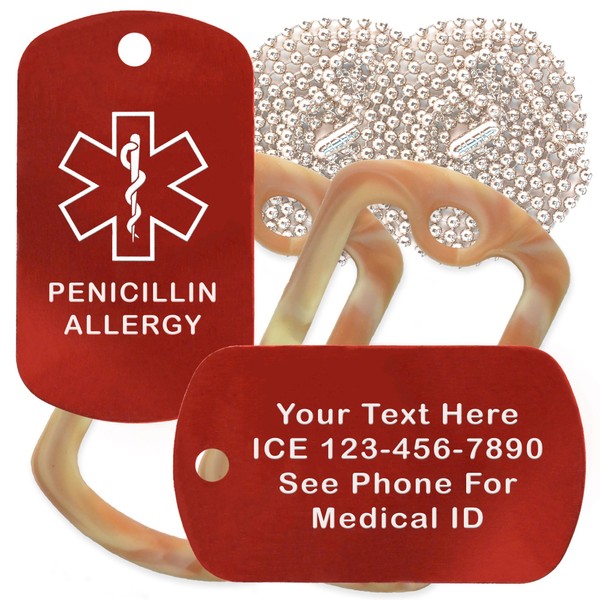 Custom 2 Pack - Penicillin Allergy Medical Alert ID Necklaces with Red Custom Tags, Camo Desert Silencers, and 30'' USA Chains